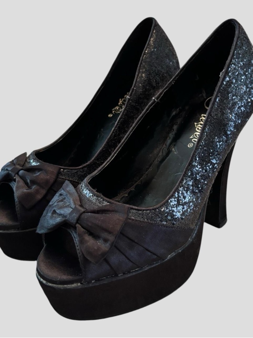 Pleasers Black Glitter Platform Peep-Toe Heels with Bow
